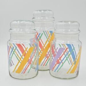 3 Vintage Pastel Stripe Glass Apothecary Jars with Lids 1980s Storage Containers